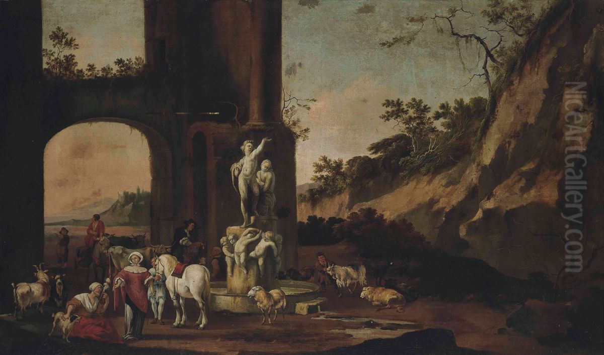 Rocky landscape with figures, horses, goats, bulls and sheep by a fountain Oil Painting by Anton Goubau