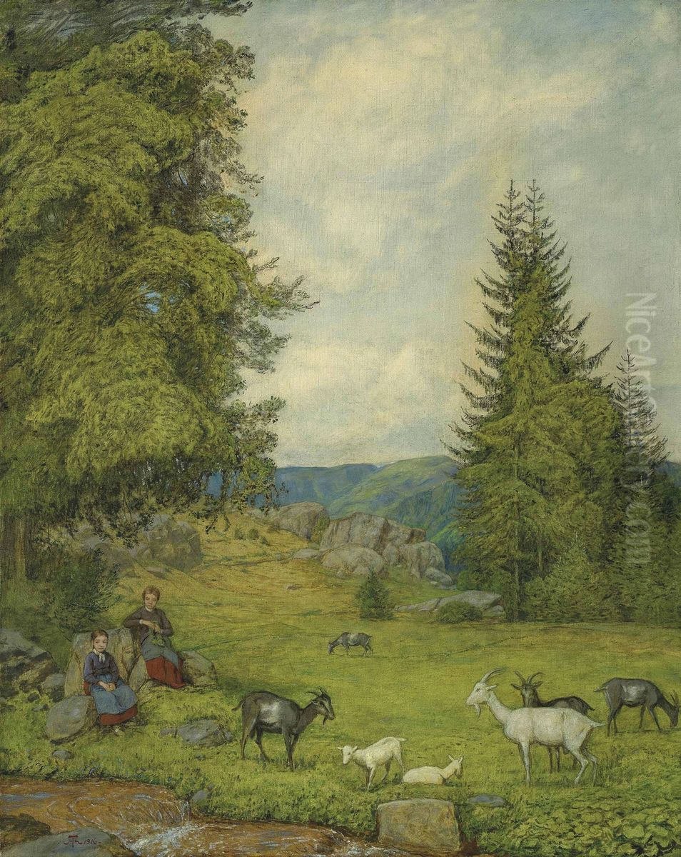 Children with goat herd Oil Painting by Hans Thoma