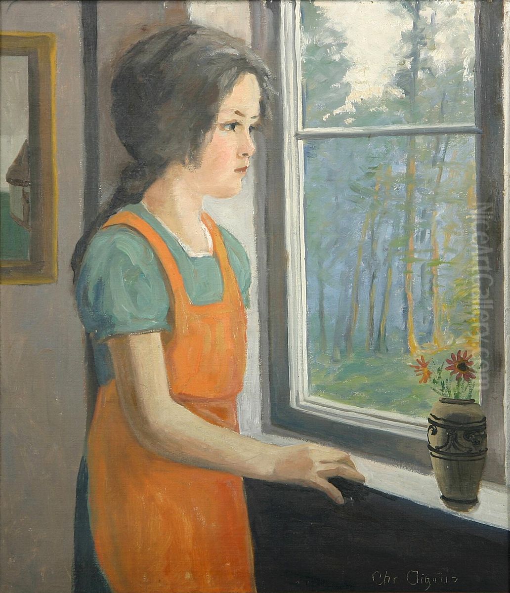 Pige ved vindueskarmen. Oil Painting by Christian Aigens