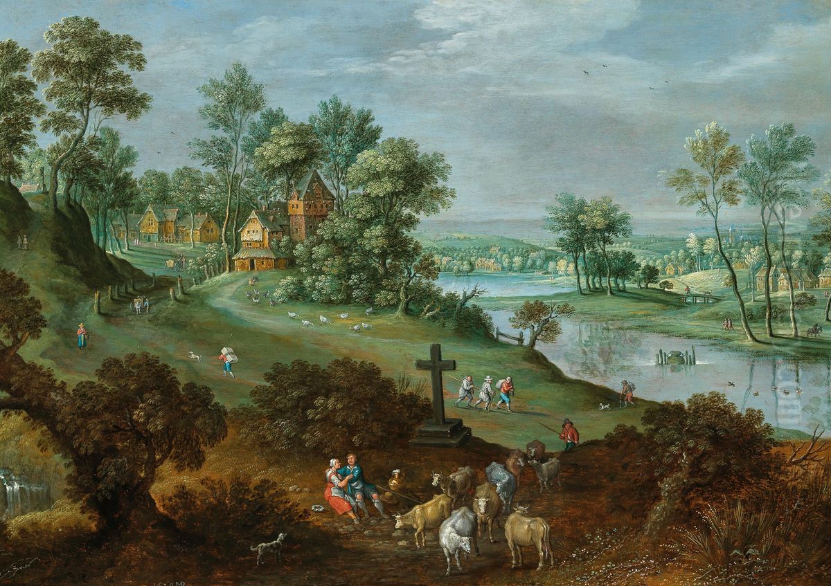 Wooded river landscape with peasants and cattle, a village beyond Oil Painting by Marten Ryckaert