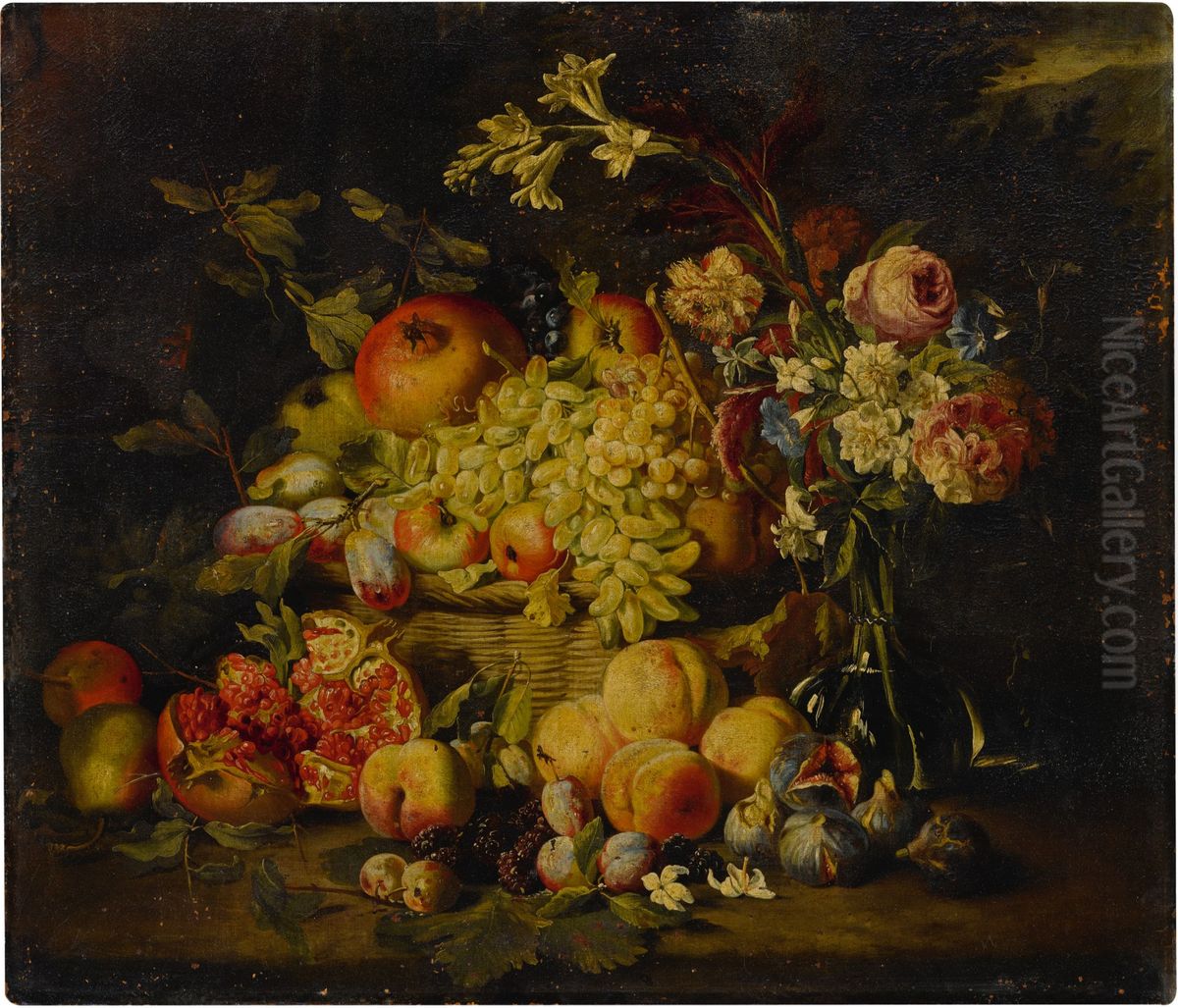 Still life of flowers and fruits, including pomegranates, peaches, and grapes Oil Painting by Abraham Brueghel