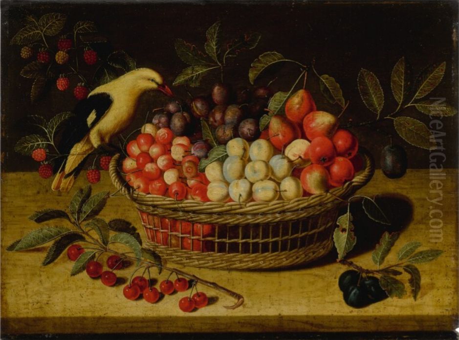 Still life with cherries, plums, raspberries and other fruits in a basket, with a yellow bird Oil Painting by Abraham Gibbens