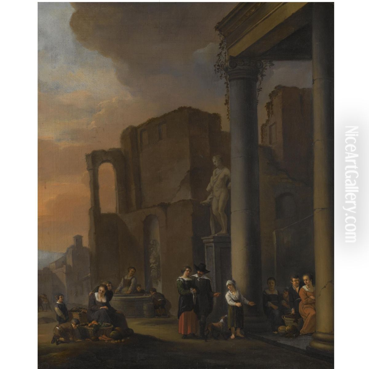 Capriccio scene with classical ruins and figures selling fruit and vegetables in the foreground Oil Painting by Anton Goubau