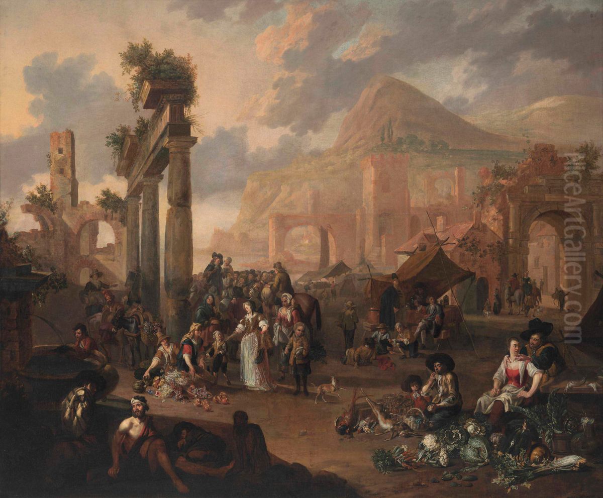 Italianate classical landscape with figures gathered around a stage and peasants at a market, mountains beyond Oil Painting by Anton Goubau