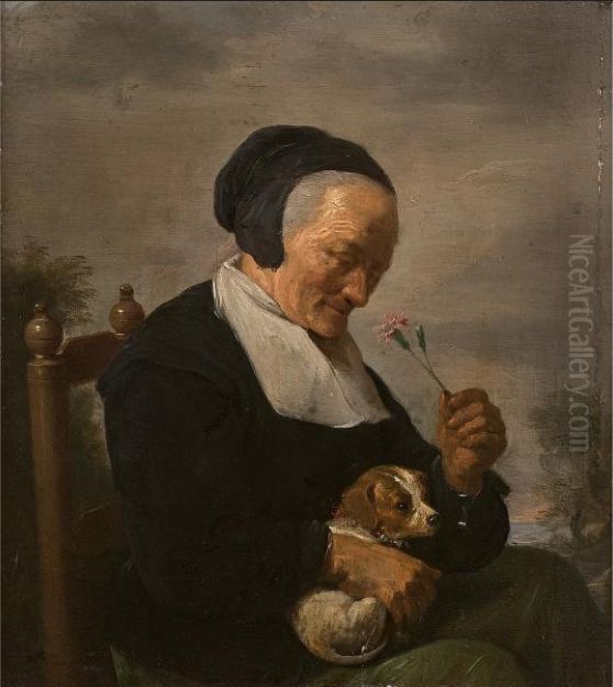 Old women smelling a carnation (Allegory of smell) Oil Painting by David Ryckaert III