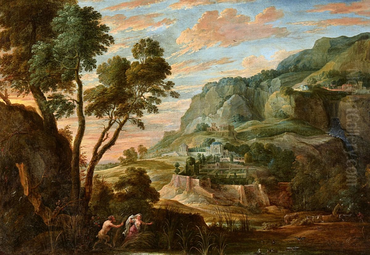 Panoramic Mountain Landscape with Pan and Syrinx Oil Painting by David Teniers the Younger
