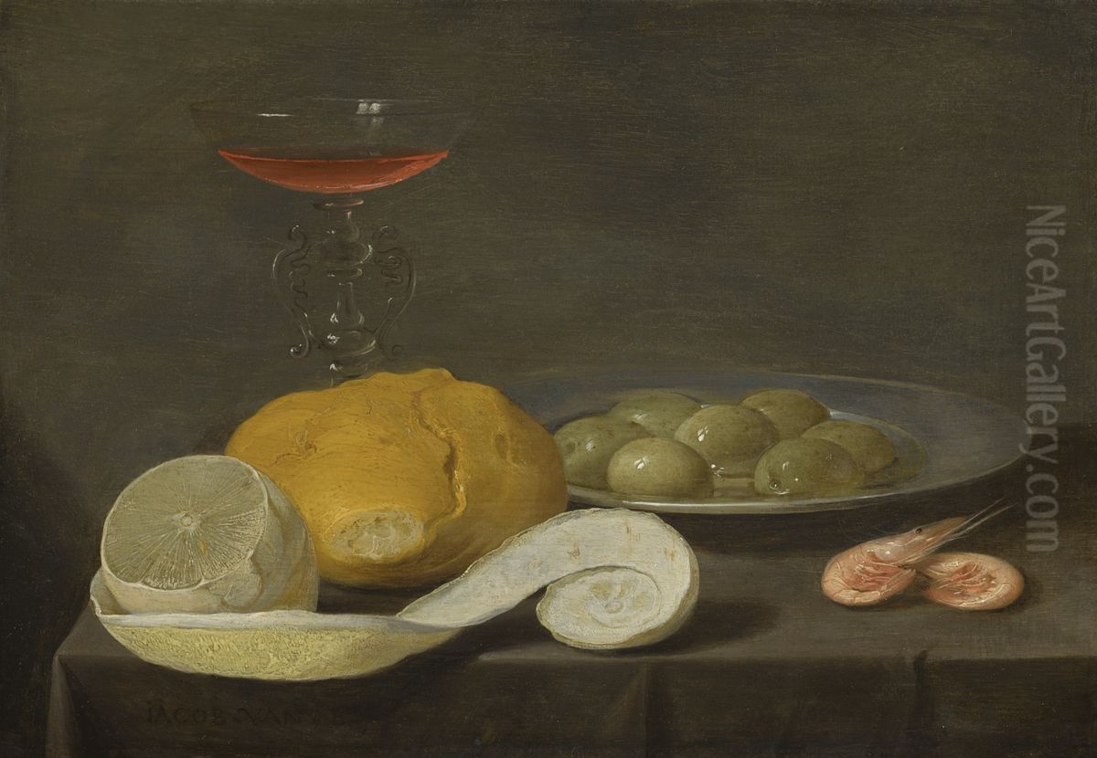 Stilleven van brood, wijnglas, citroen, schaaltje olijven en twee garnalen op een tafel Oil Painting by Jacob van Es