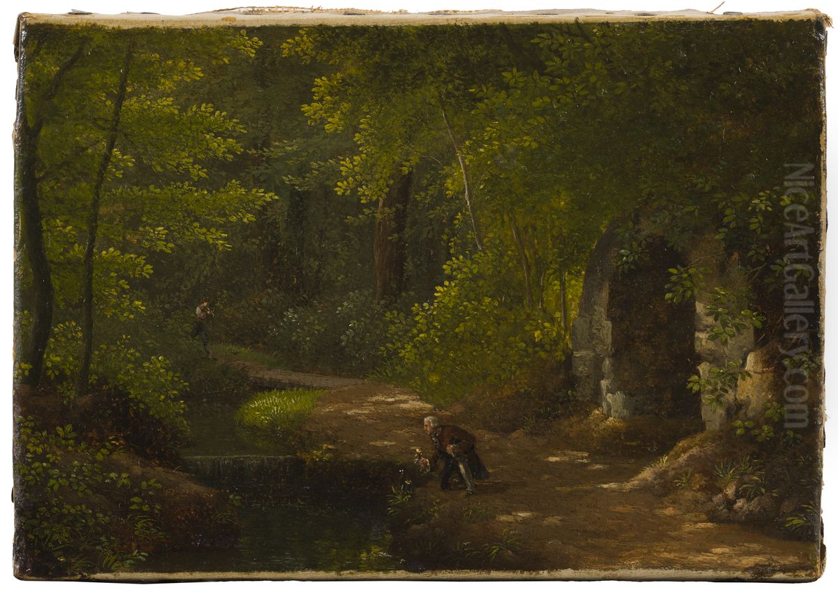 Jean-Jacques Rousseau plockar blommor vid den bubblande kallan nara grottan i den norra parken vid Ermenonville Oil Painting by Alexandre-Hyacinthe Dunouy