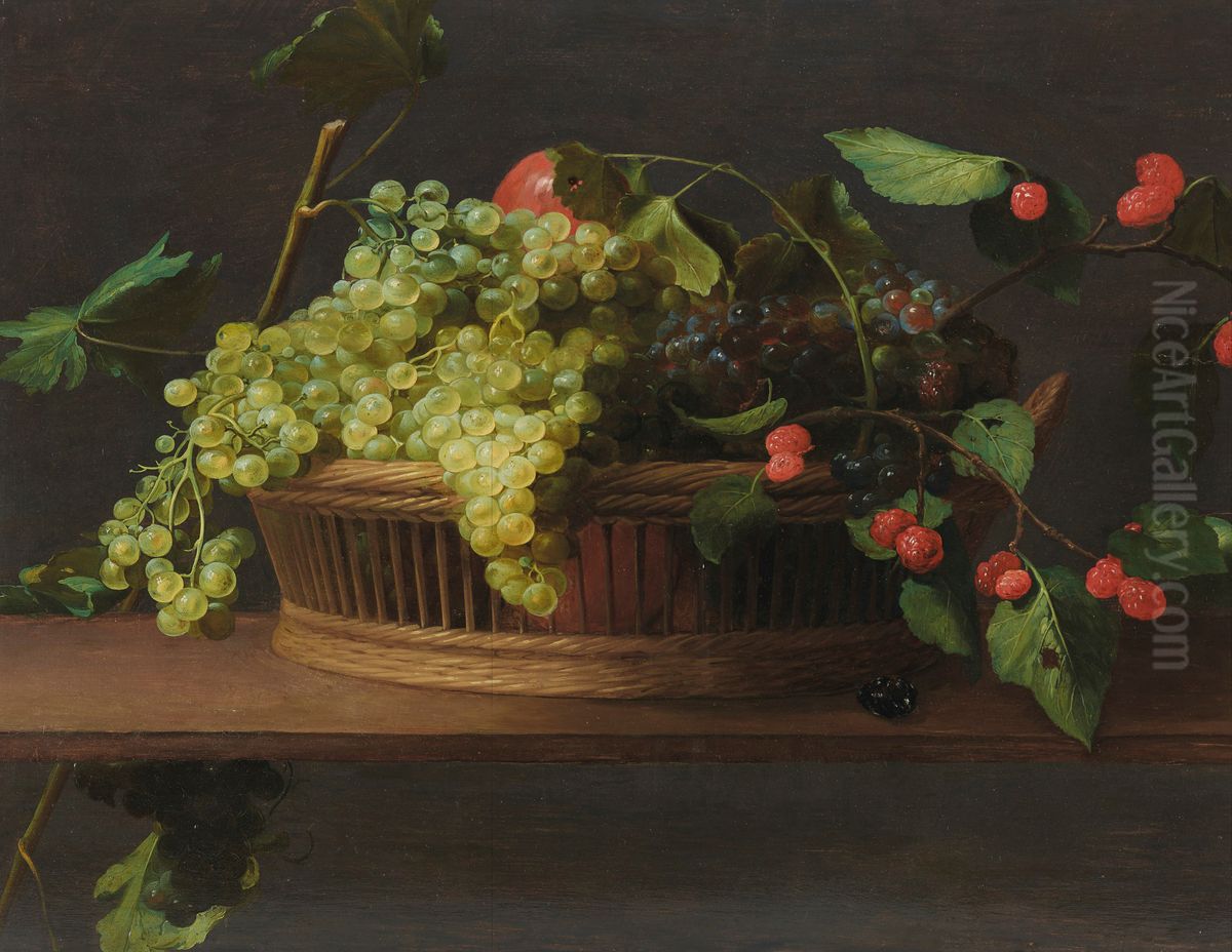 A basket of grapes and raspberries on a ledge Oil Painting by Jacob van Es