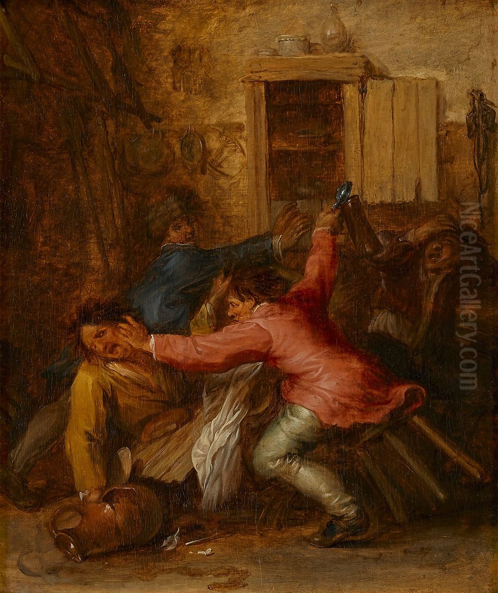 Interior with fighting peasants Oil Painting by Vincent Malo (I)
