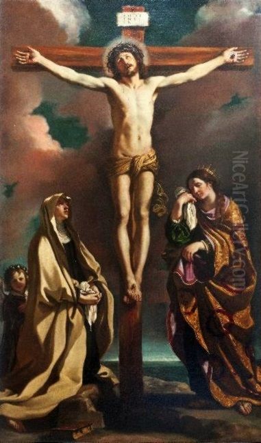 The Crucifixion with St. Elizabeth of Hungary and St. Frances of Rome. Oil Painting by Giovanni Francesco Barbieri