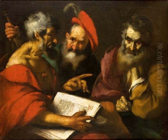 Dispute of the three wise men. Oil Painting by Bernardo Strozzi