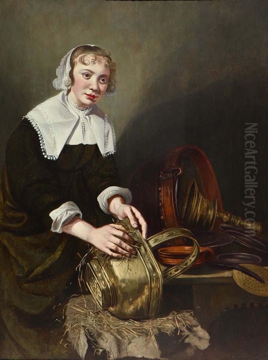 Servant girl scouring a brass bucket Oil Painting by Willem Van Odekercken