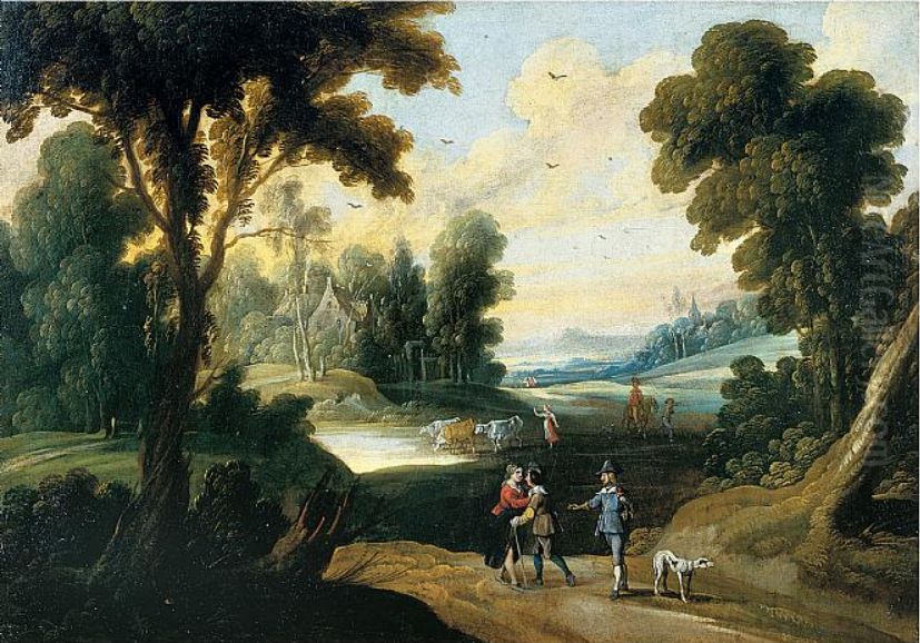 Landscape with travelers on a path and a herd of cows in the distance Oil Painting by Pieter van der  Hulst (II)