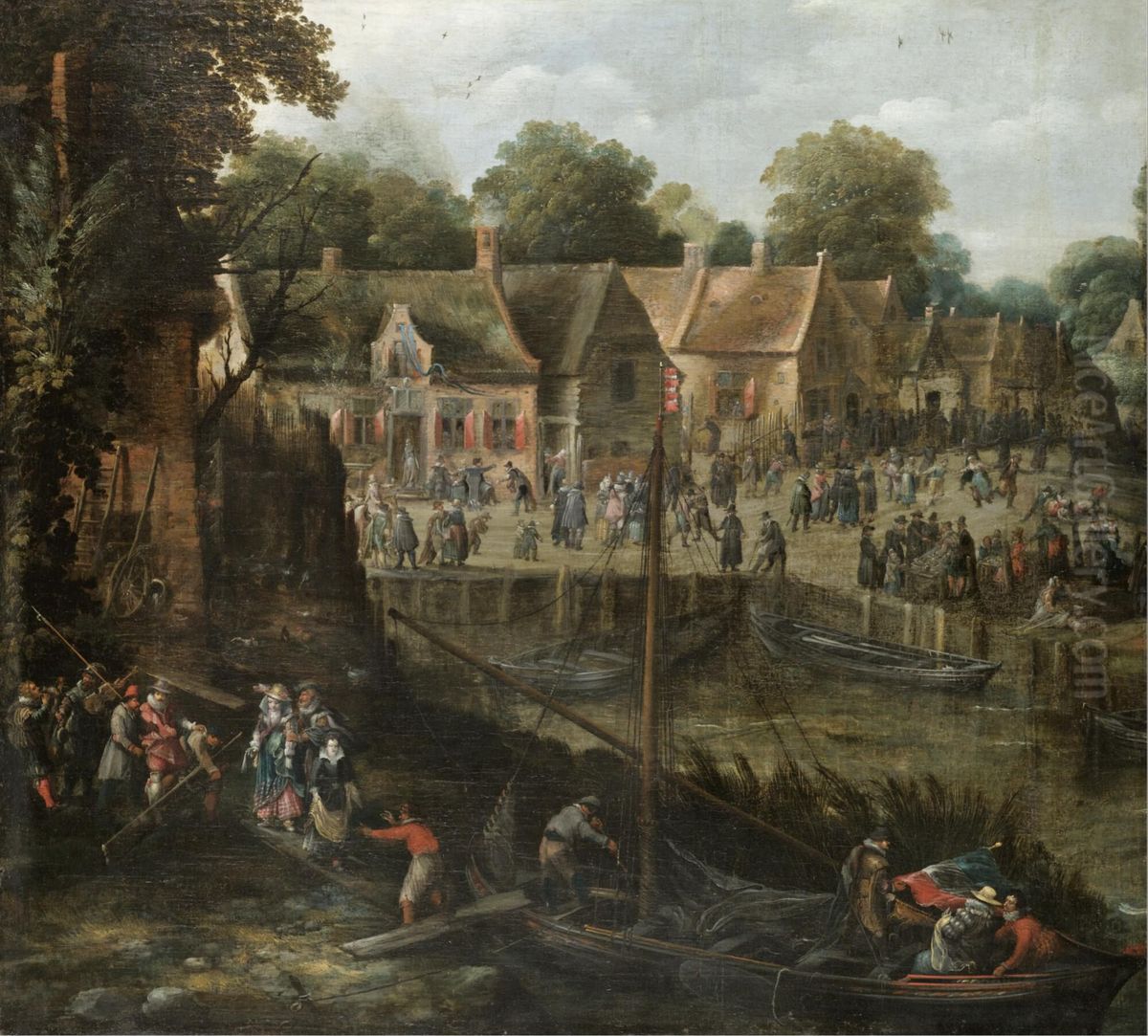 Village kermesse with elegant figures entering boats Oil Painting by Pieter van der  Hulst (II)