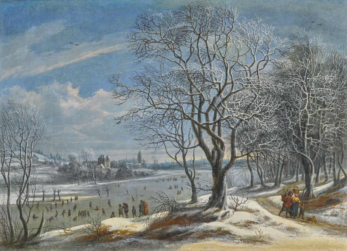 Winter landscape and skaters with figures on a path in a wood, a town (probably Antwerp) beyond Oil Painting by Daniel van Heil