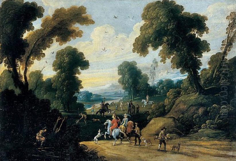 Landscape with hunters on a path Oil Painting by Pieter van der  Hulst (II)