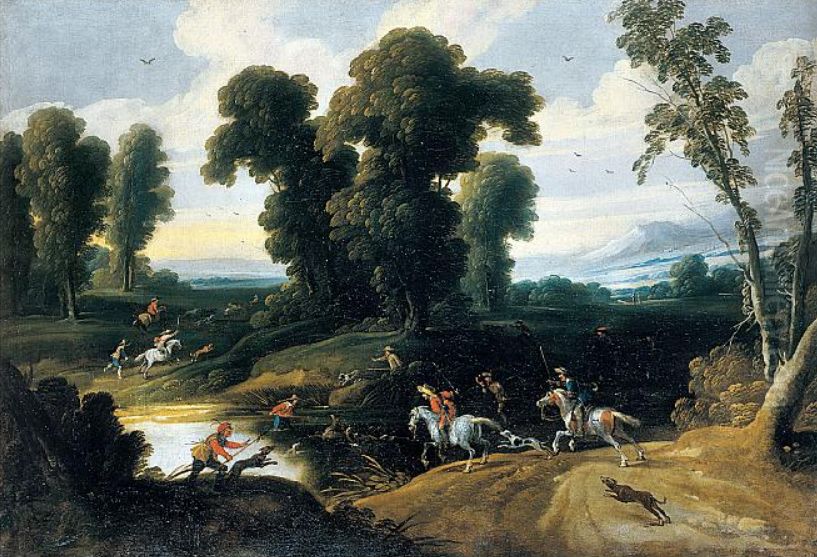 Landscape with a hunting party Oil Painting by Pieter van der  Hulst (II)