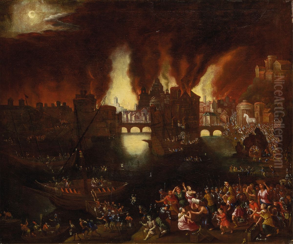 Troy burning Oil Painting by Daniel van Heil
