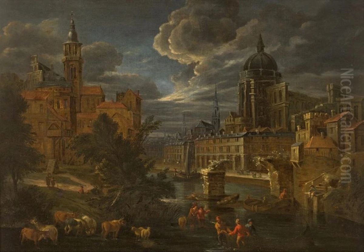 View of an imaginary city Oil Painting by Daniel van Heil
