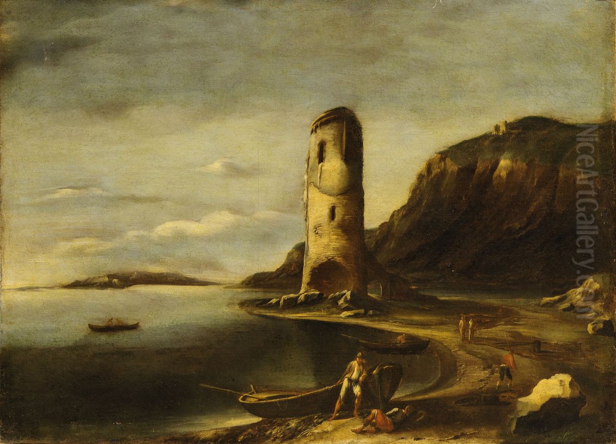 Coastal landscape with tower, boats and figures Oil Painting by Antonio Travi