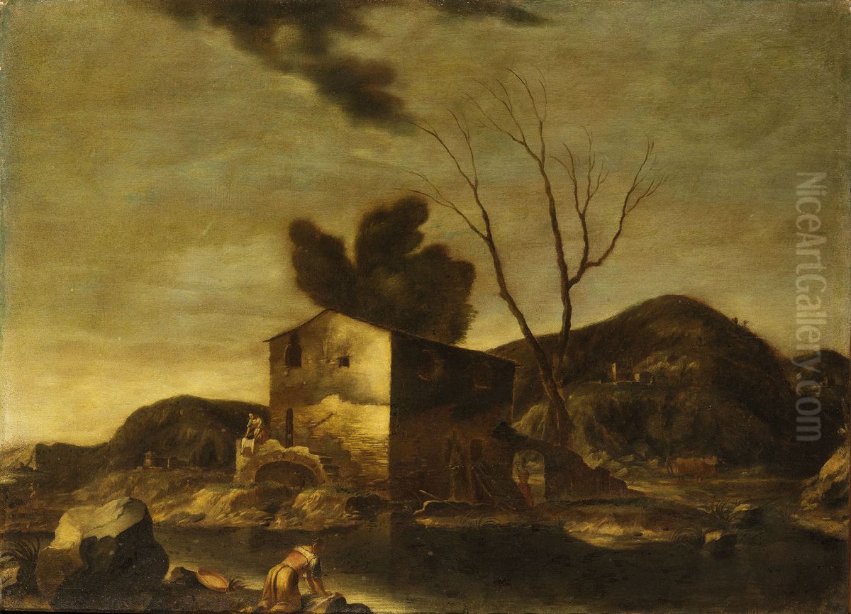 Bucolic landscape with washerwomen Oil Painting by Antonio Travi