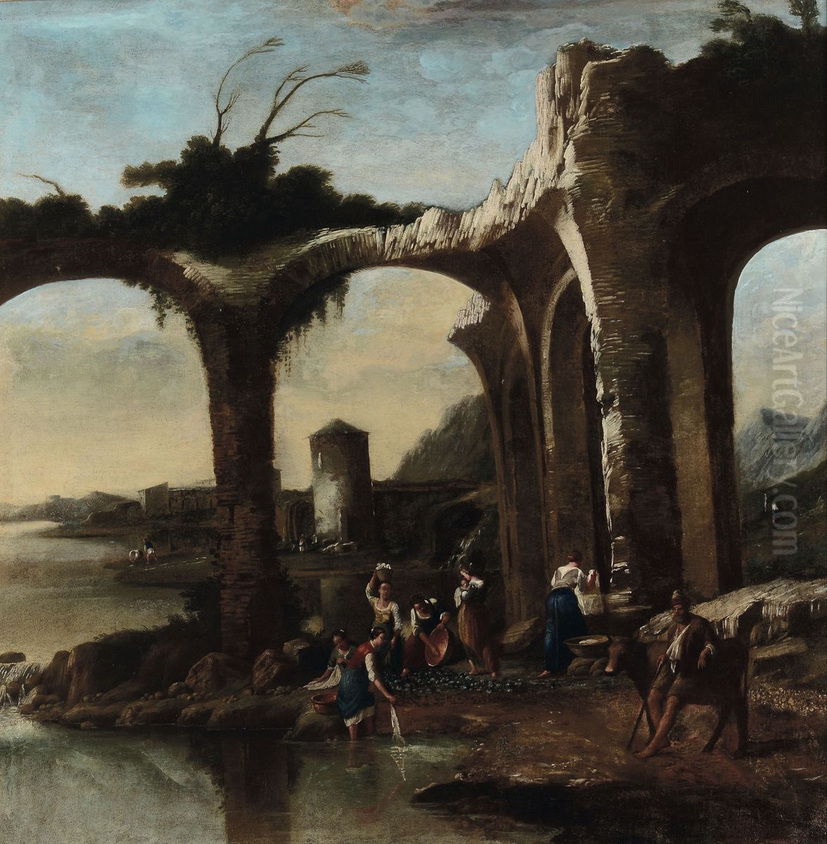 Landscape with ruins and washerwomen Oil Painting by Antonio Travi