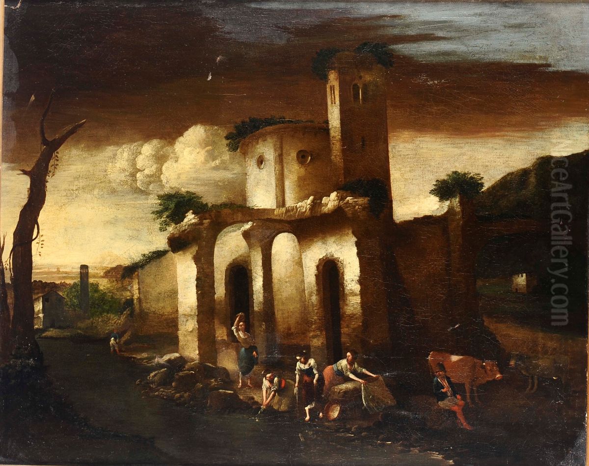 Landscape with ruins, washerwomen and a herder Oil Painting by Antonio Travi