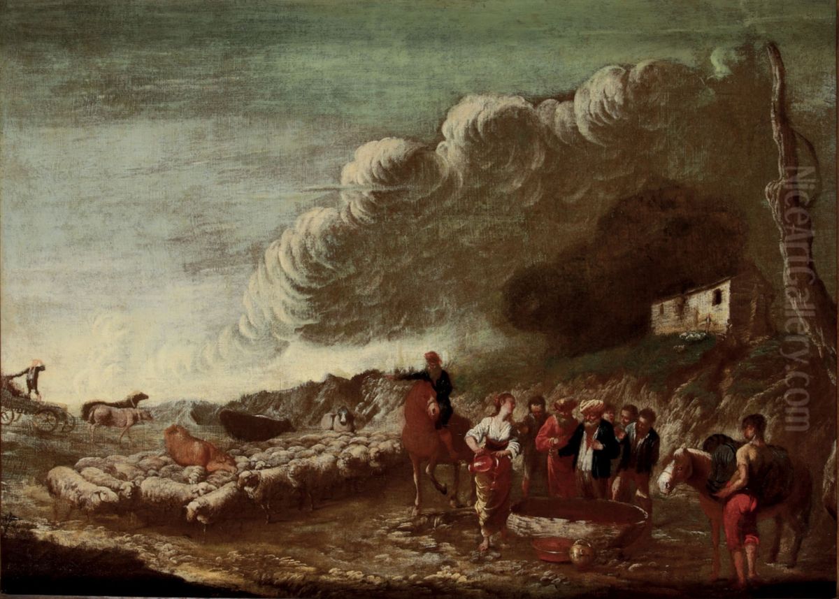 Landscape with shepherds and their flock with a gathering storm Oil Painting by Antonio Travi