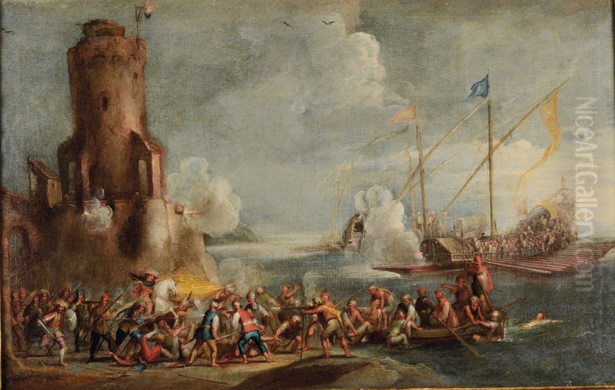 Coastal battle between Christians and Turks Oil Painting by Cornelis de Wael