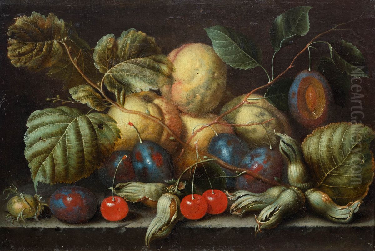 Still life with cherries, plums and peaches Oil Painting by Cornelis De Bryer