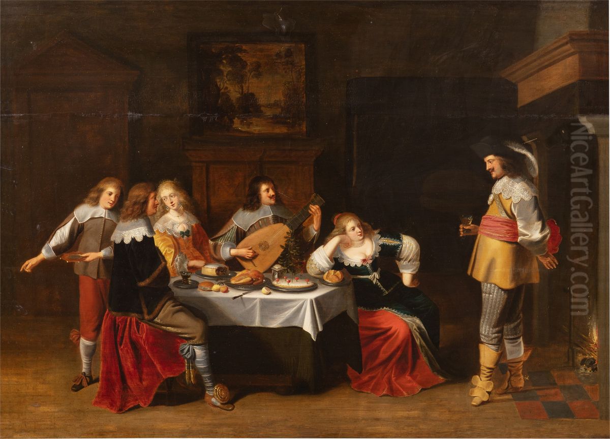 Elegant company in an interior making merry with music, food and drink Oil Painting by Christoffel Jacobsz van der Laemen
