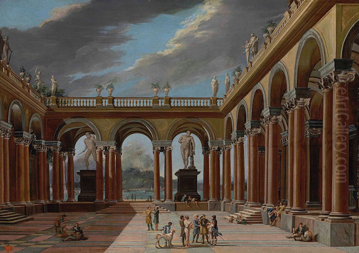Architectural capriccio of a loggia with elegantly-dressed figures Oil Painting by Viviano Codazzi