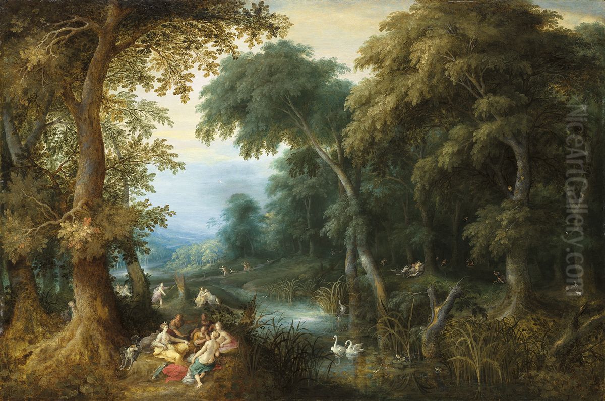 Diana and her nymphs in a wooded landscape Oil Painting by Frans Francken the Younger