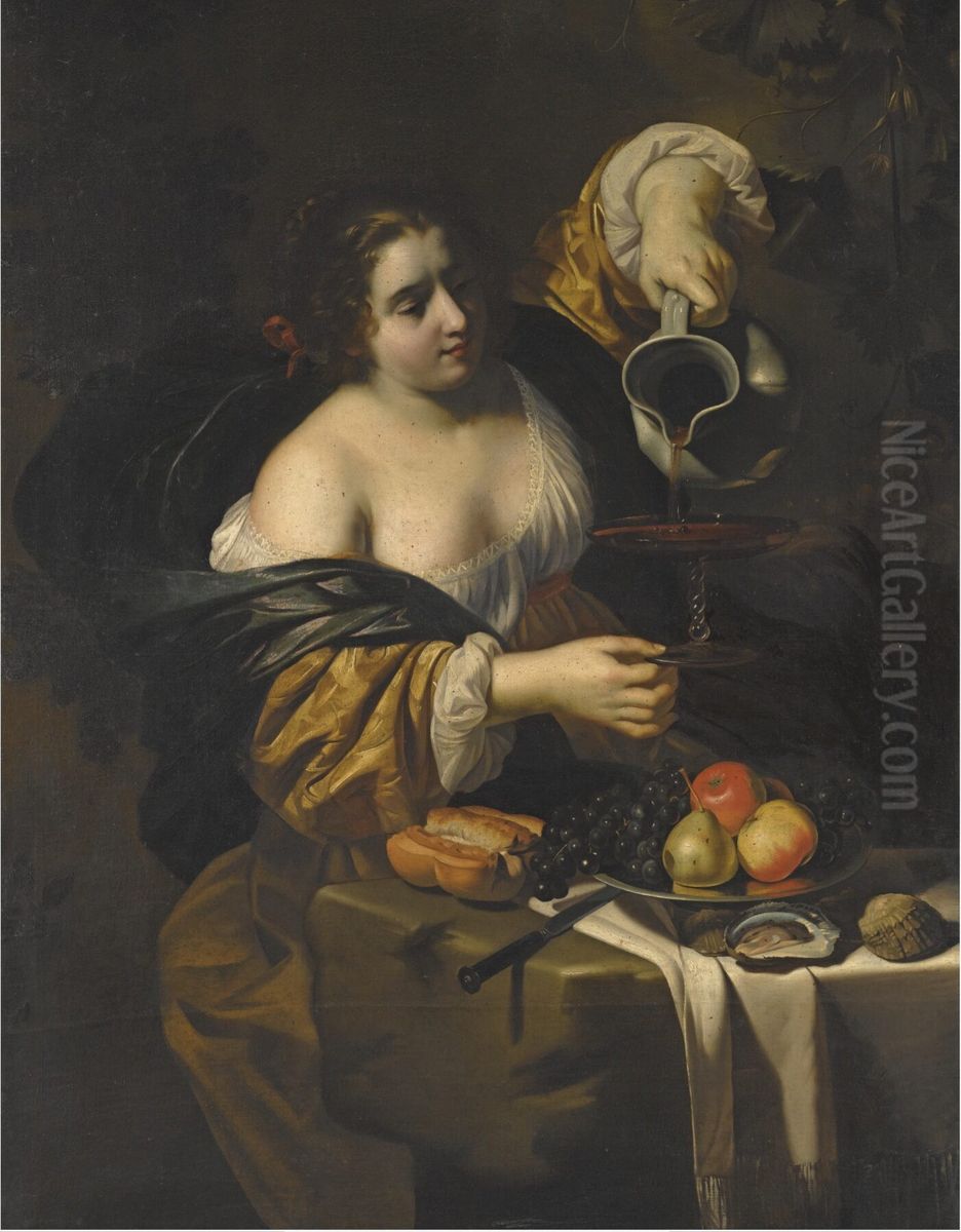 Young woman pouring red wine from a pitcher into a glass Oil Painting by Nicolas Regnier