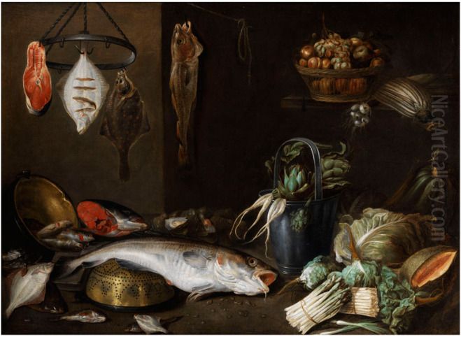 Still life with fish, fruit, vegetables and kitchen utensils Oil Painting by Alexander Adriaenssen