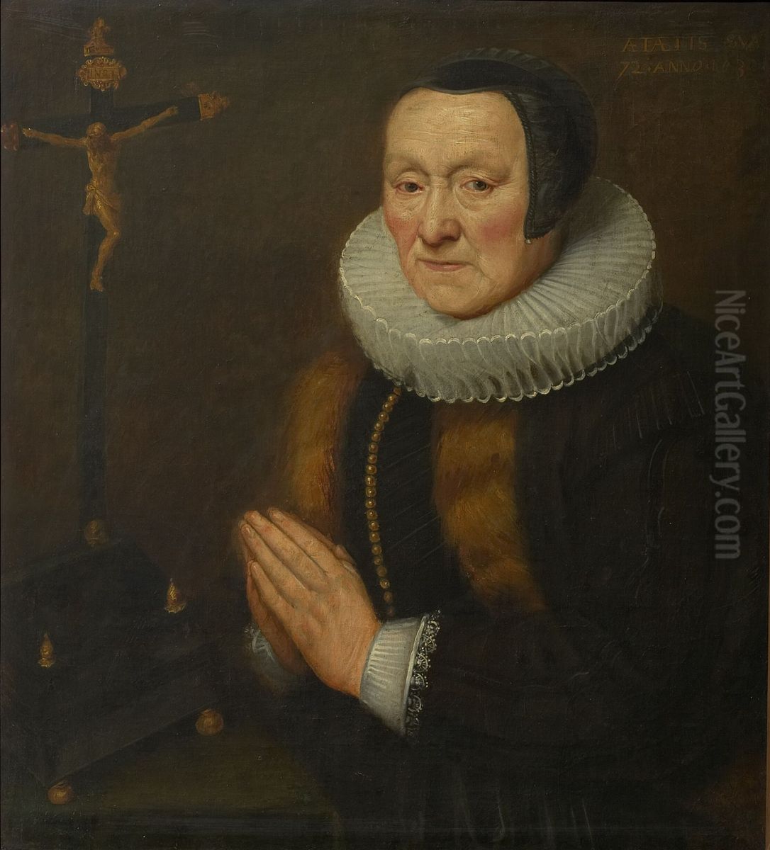 Portrait of Elisabeth Keyzers (or De Keyser) near a crucifix Oil Painting by Cornelis De Vos