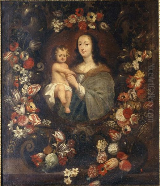 Virgin and Child in a garland of flowers Oil Painting by Michel Bouillon