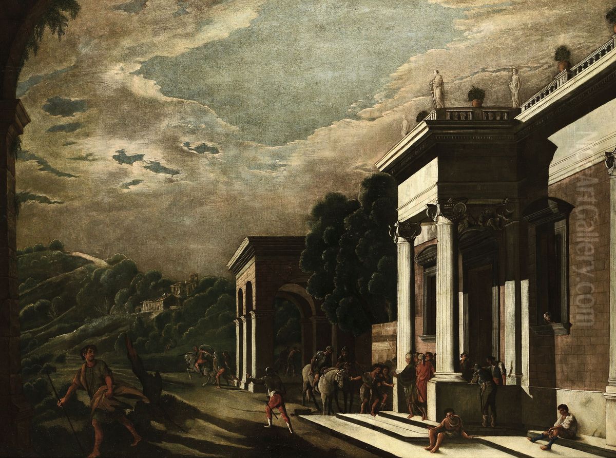 Architectural capriccio with figures Oil Painting by Ascanio Luciano