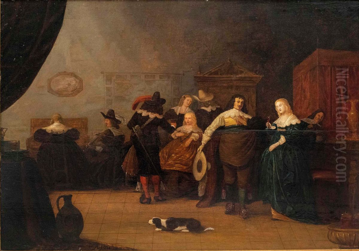 Elegant company with violin player in an interior Oil Painting by Adriaen Lucasz Fonteyn