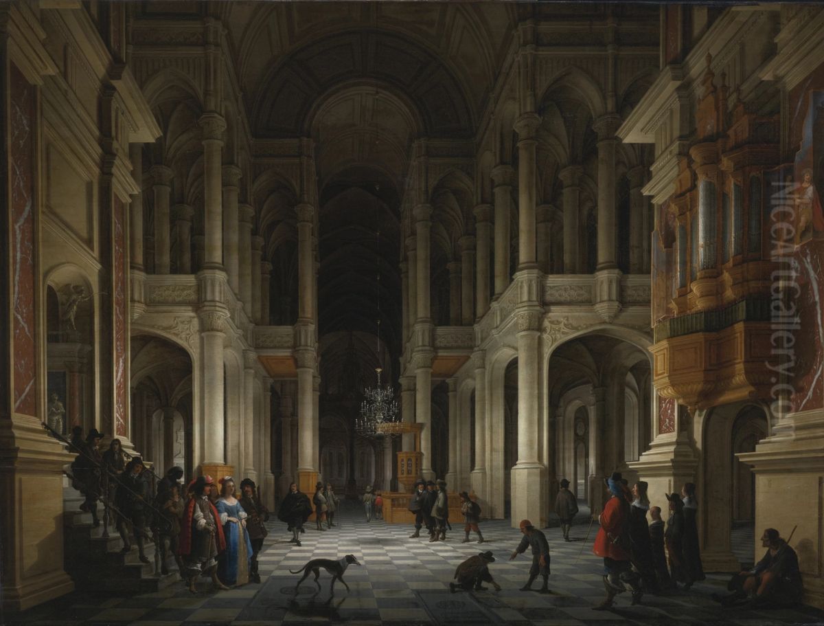 Interior of a Renaissance-style church at night with an elegant couple making an entrance Oil Painting by Anthonie De Lorme