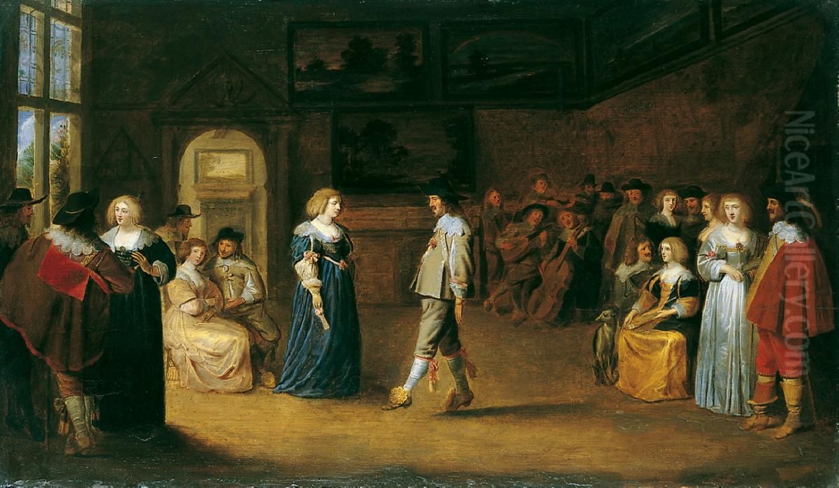 Elegant company engaging in dance, music making and conversation in an interior Oil Painting by Christoffel Jacobsz van der Laemen