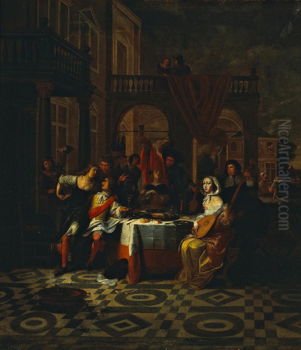 Figures gathered at a banquet Oil Painting by Jacob de Formentrou