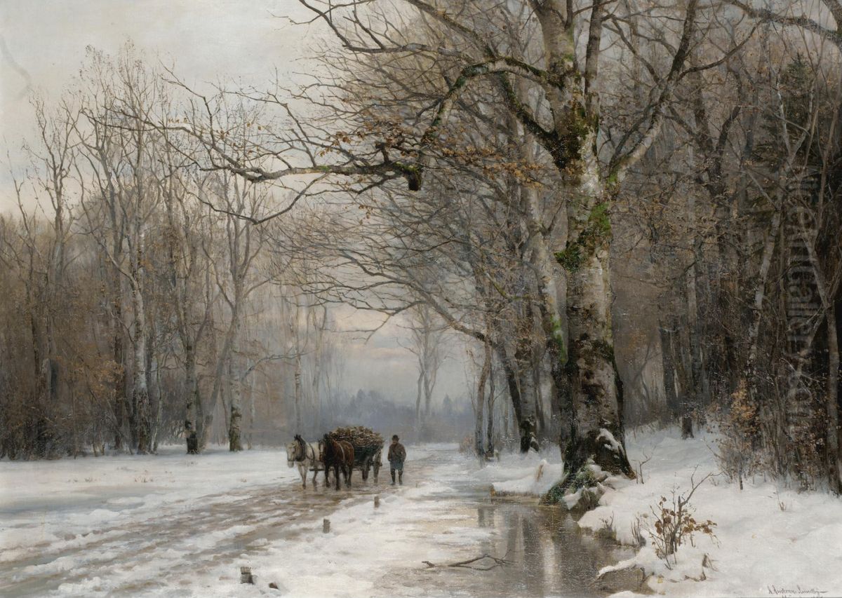 Winter landscape with a horse-drawn cart. Oil Painting by Anders Andersen-Lundby