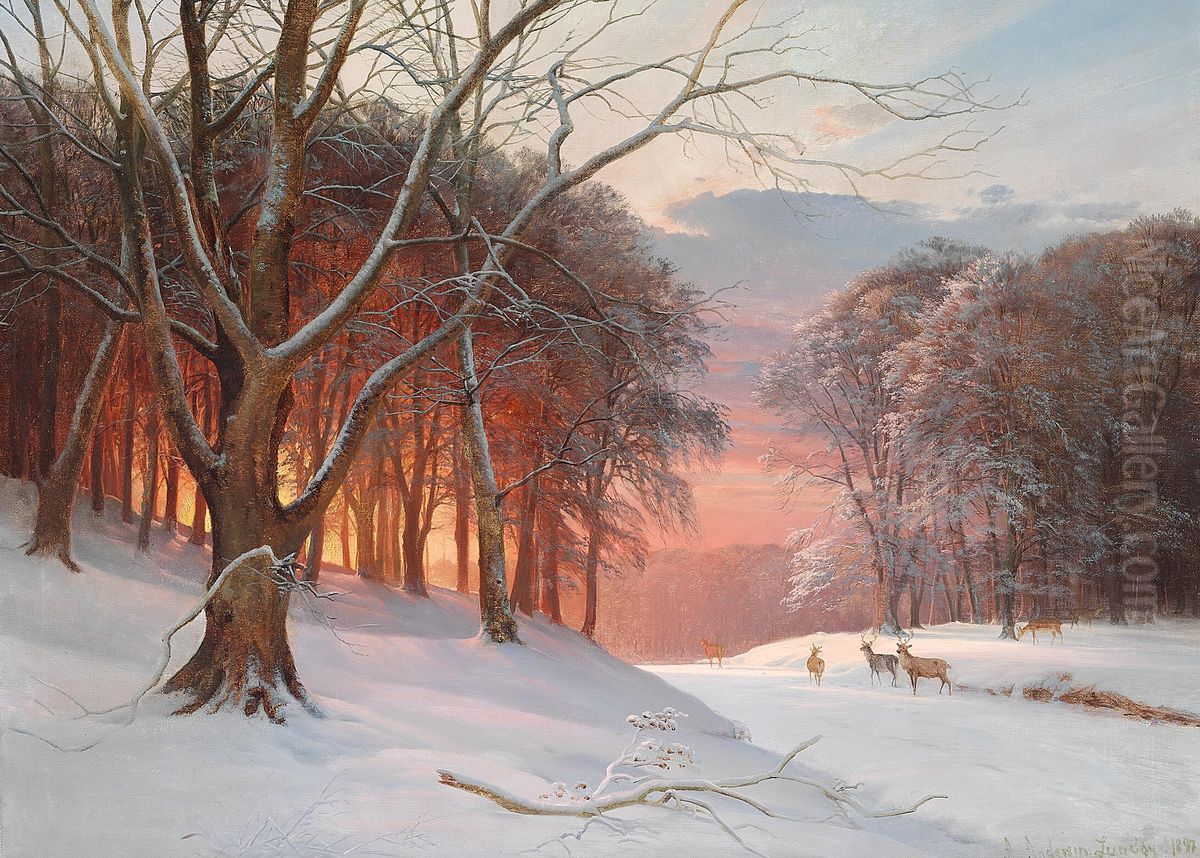 Vinterdag i Dyrehaven, solnedgangen farver skoven flammende rod. Oil Painting by Anders Andersen-Lundby