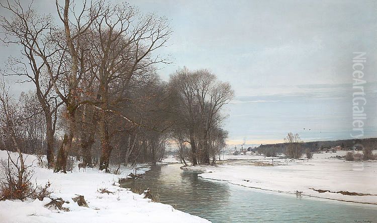 A winter day near Munich with fallow deer at a stream. Oil Painting by Anders Andersen-Lundby