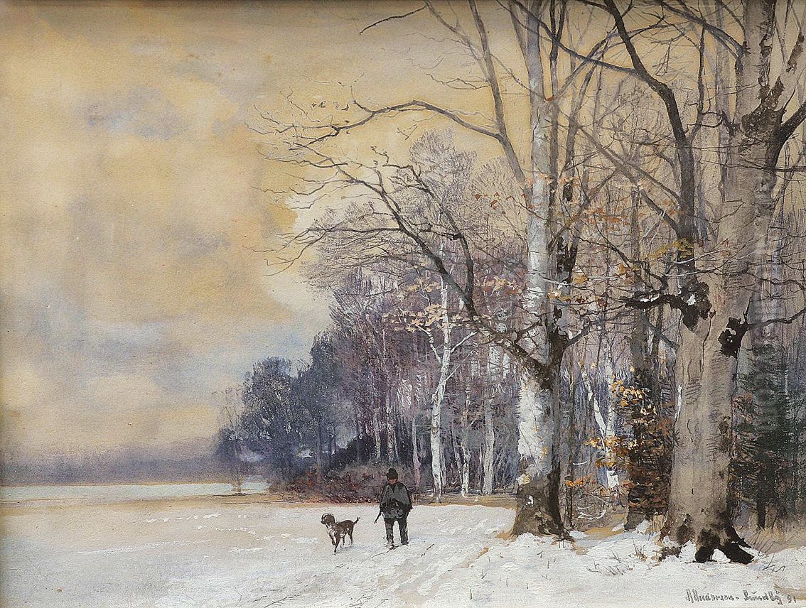 Jaeger med hund i skovkanten. Oil Painting by Anders Andersen-Lundby