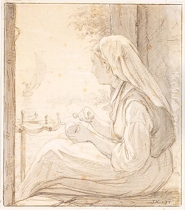 Ung pige i faerd med at rulle garn, i baggrunden sejlbad med person. Oil Painting by Peder Severin Kroyer