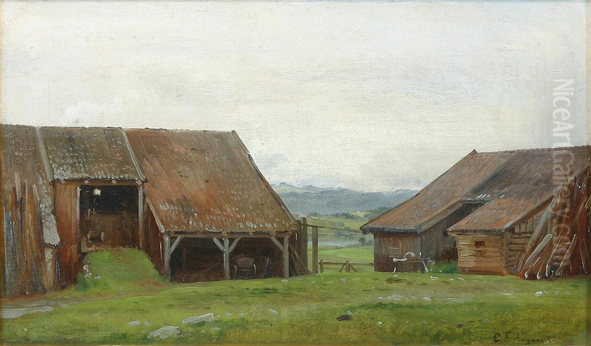 Landskab med traehytter. Oil Painting by Carl Frederik Aagaard