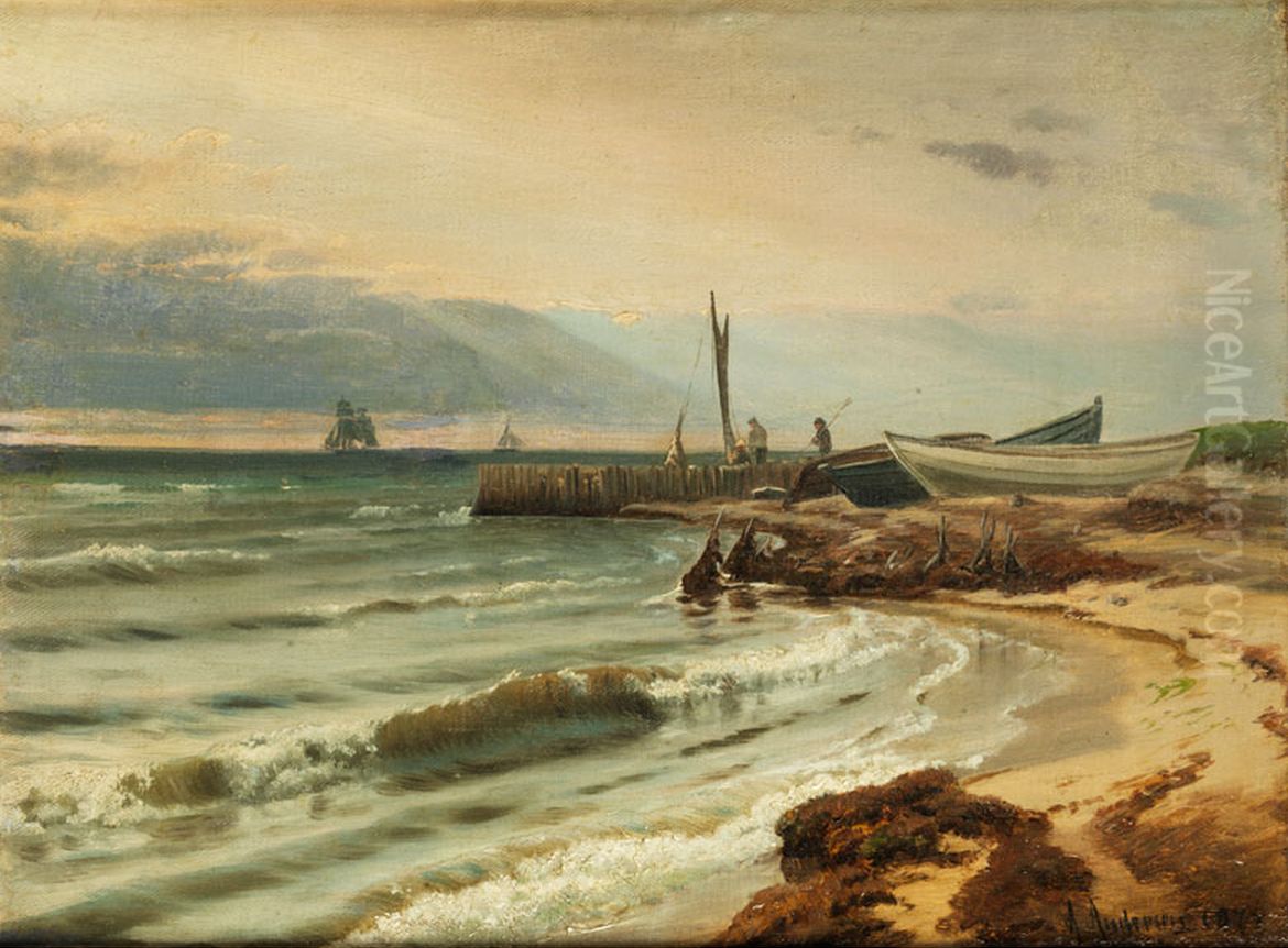 Stranden ved Vedbaek med fiskere og fiskerbade. Oil Painting by Anders Andersen-Lundby